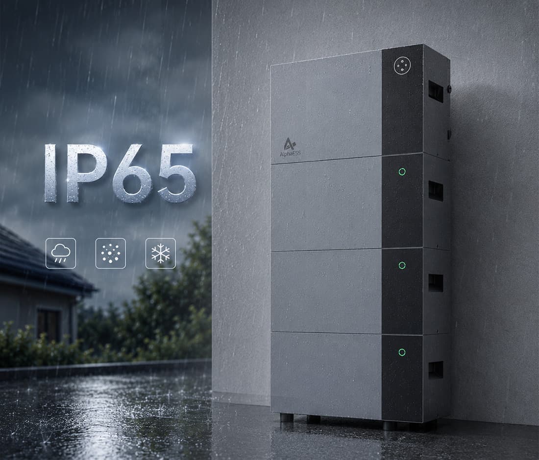 IP65-behuizing van de VitaPower in de regen buiten tegen een muur