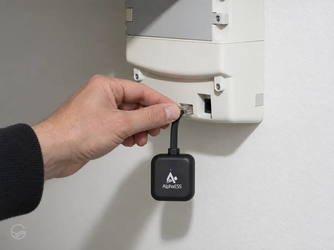 AlphaESS P1-dongle in de P1-poort van een slimme meter klikken